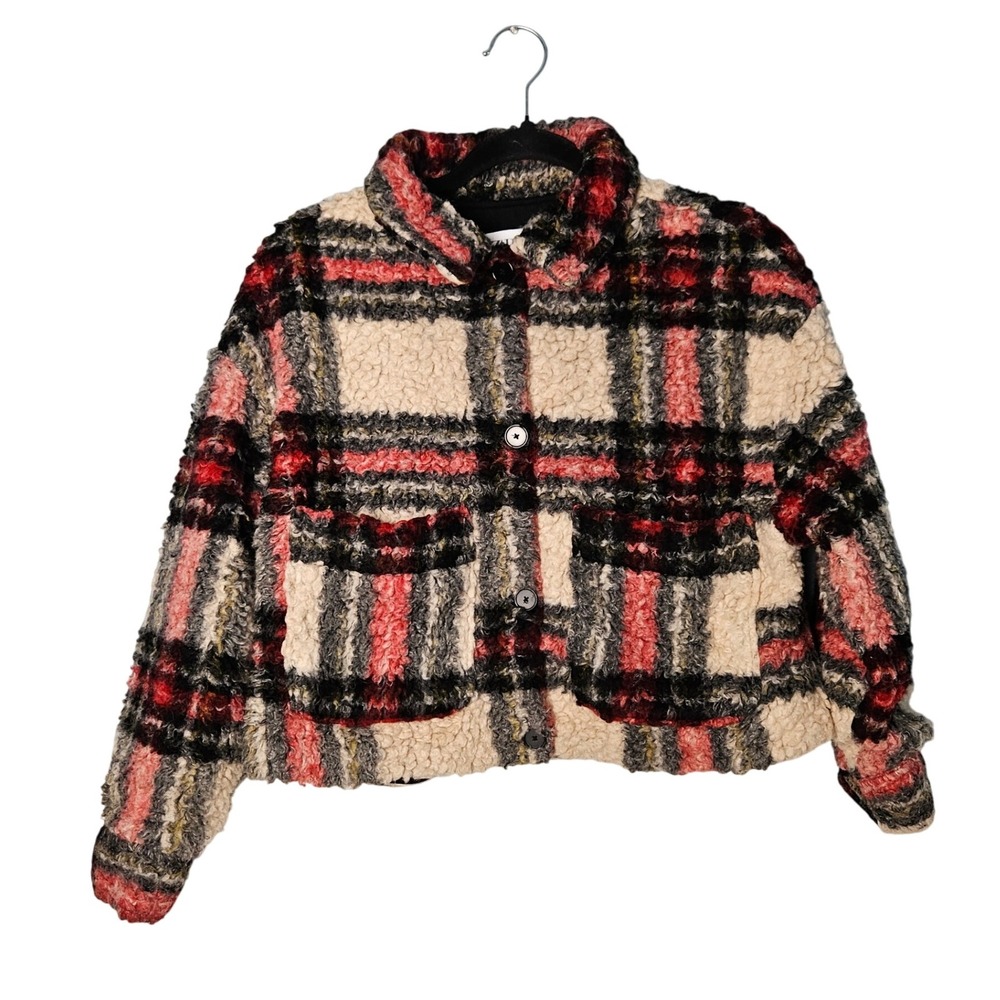 Zara Boucle Tartan Plaid Sherpa Teddy Unisex Kids Jacket Size 13-14